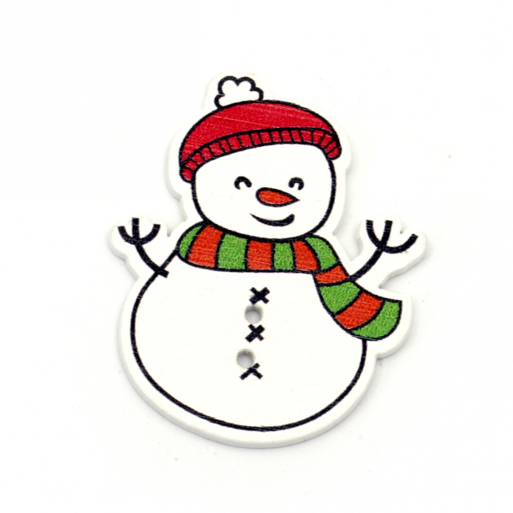 Wooden button, Christmas snowman, 42x34x2 mm, hole 1 mm -10 pieces