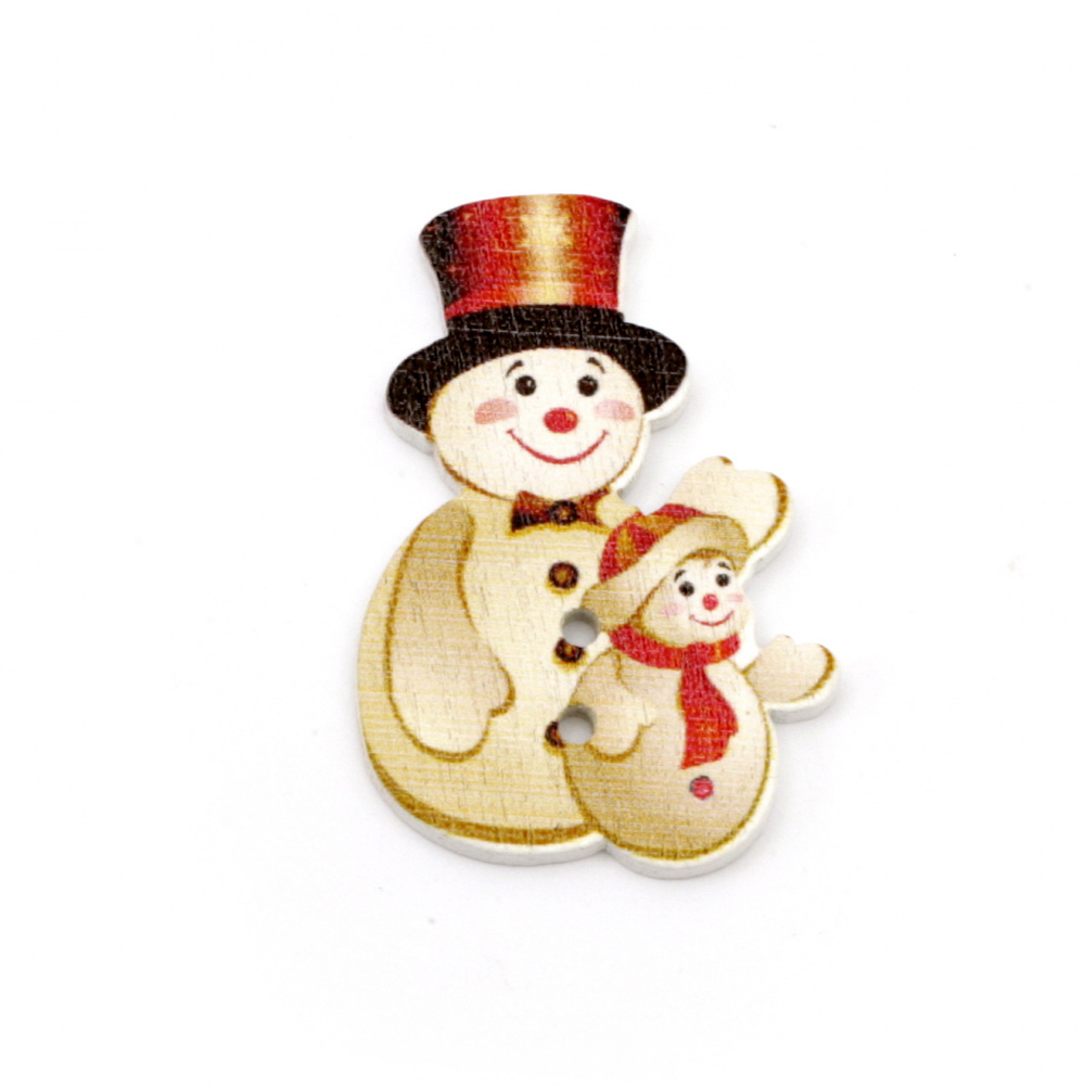 Wooden Christmas button with a snowman design, 35x25x2 mm, hole size 1 mm - 10 pieces