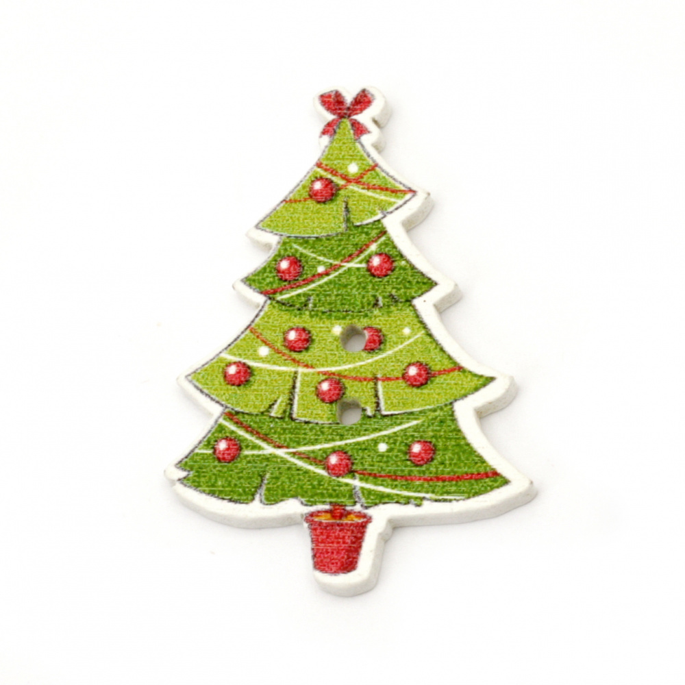 Christmas tree, wooden button, 35x25x2 mm, hole 1 mm -10 pieces