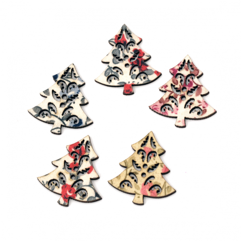 Wooden flat button Christmas tree 30x27x2 mm hole 1 mm mix - 10 pieces