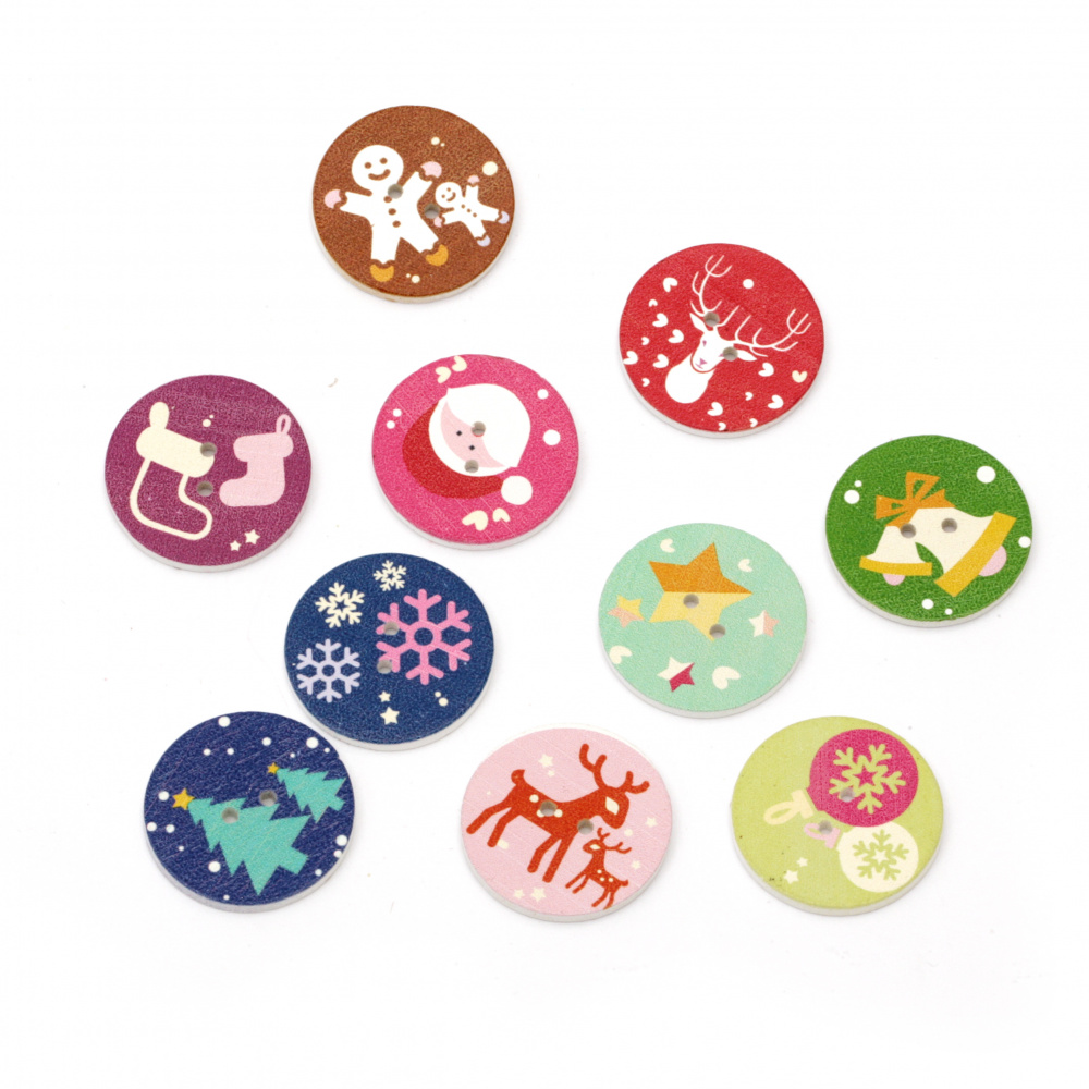 Round wooden button, flat with print Christmas patterns 25x2 mm hole 1 mm mix - 10 pieces