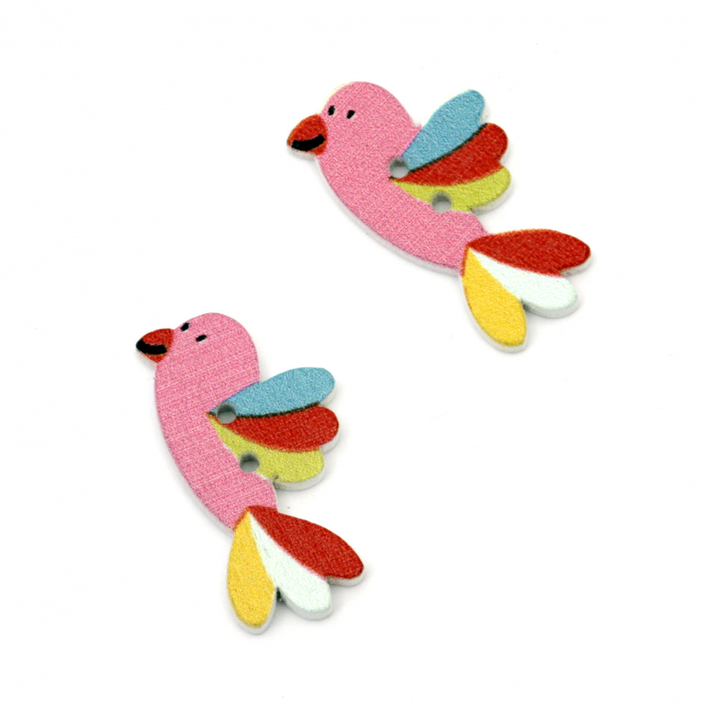 Bird shaped wooden button, flat with print 28x15x3 mm hole 1.5 mm mix - 10 pieces
