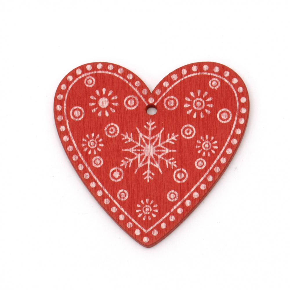 Pandantiv inima 50x48x2,5 mm orificiu 2,5 mm roșu cu motive de Crăciun -5 buc