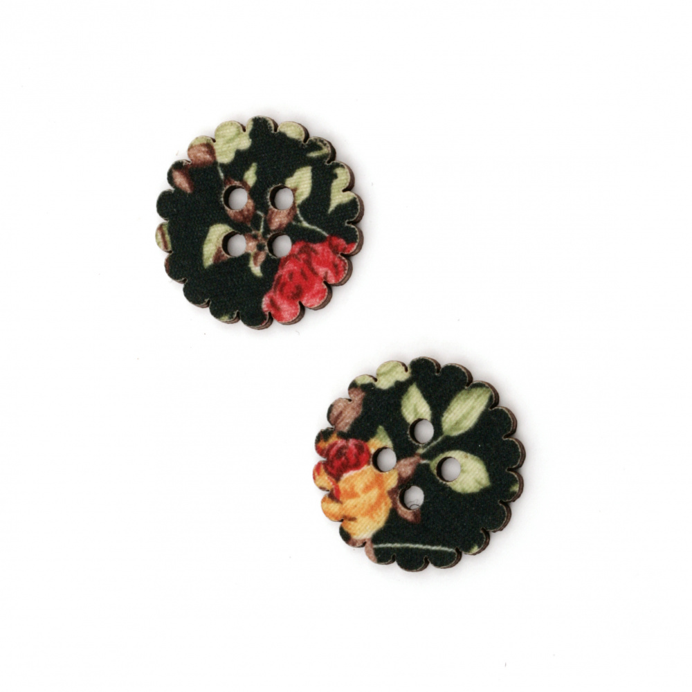 Flower wooden button, flat with print 24x3 mm hole 2.5 mm color - 10 pieces