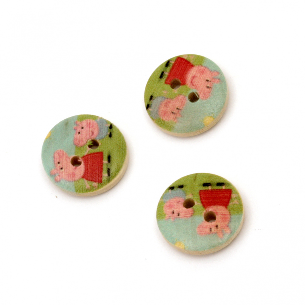 Round wooden button, flat with print 15x4 mm hole 1.5 mm color - 10 pieces