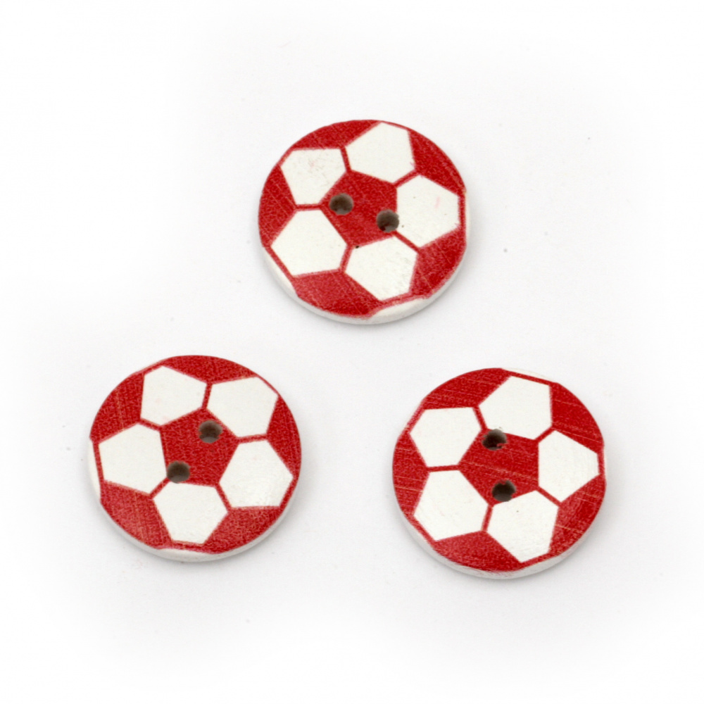 Button wood ball 20x4 mm hole 2 mm white with red -10 pieces