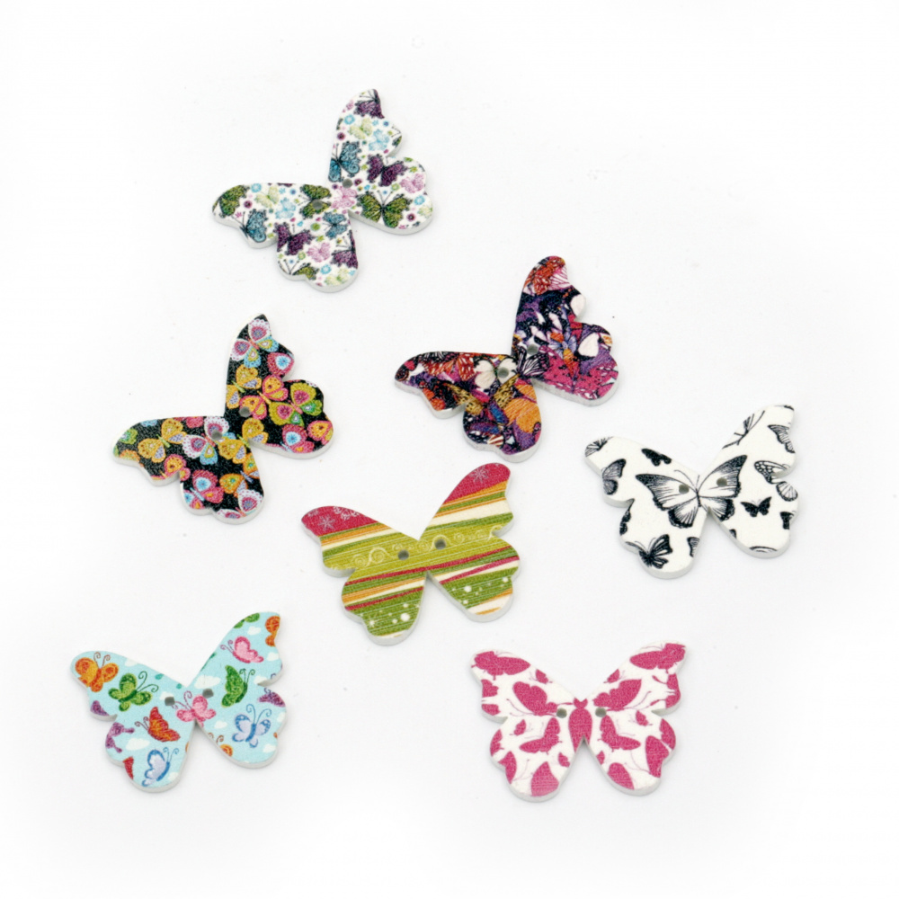 Butterfly shaped wooden button, flat with print 21x28x2.5 mm hole 1 mm mix - 10 pieces