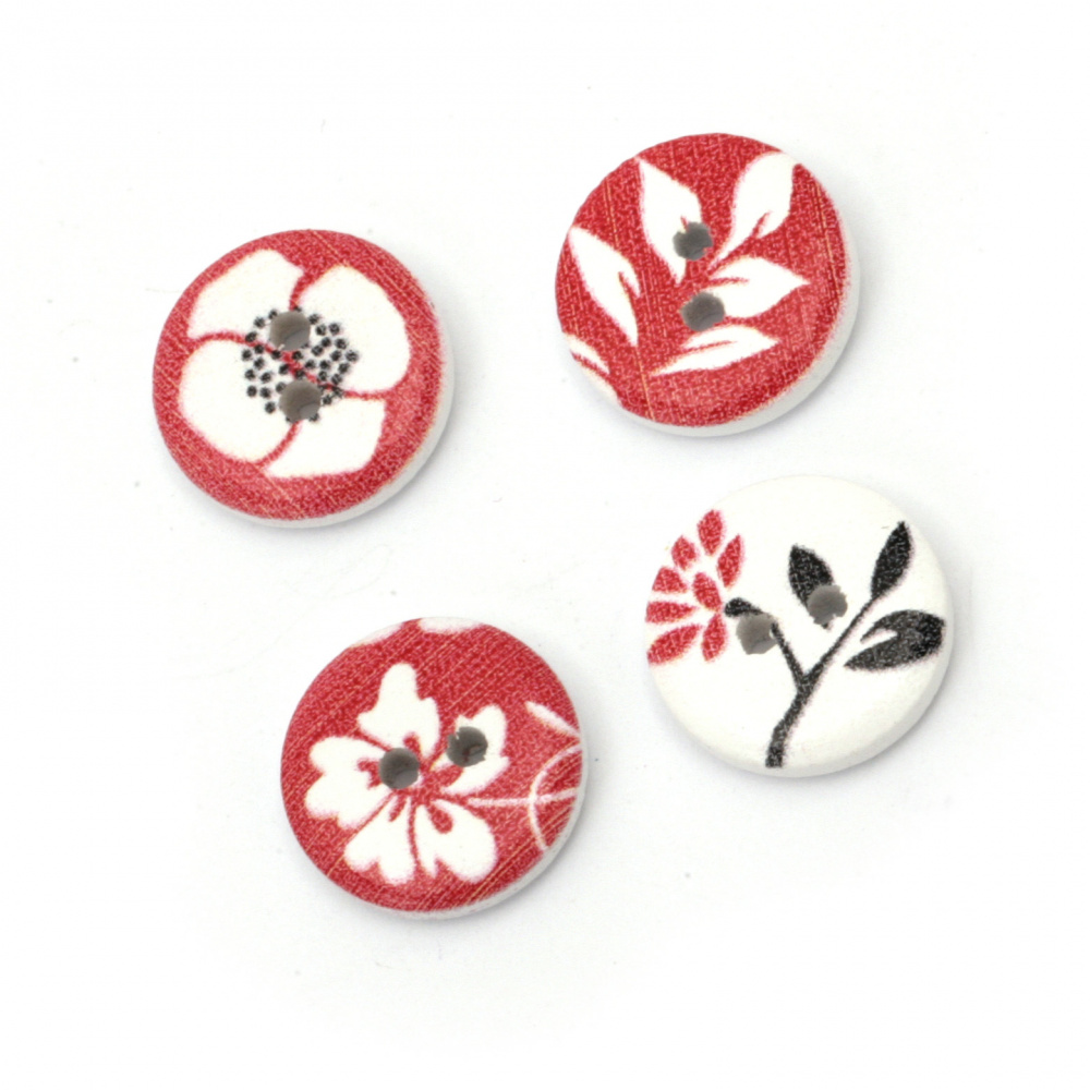 Round wooden button, flat with print 15x4 mm hole 2 mm mix - 20 pieces