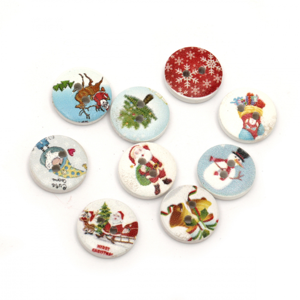 Printed Wooden Buttons with  Christmas Design, 15x4 mm, Hole: 2 mm, MIX -10 pieces