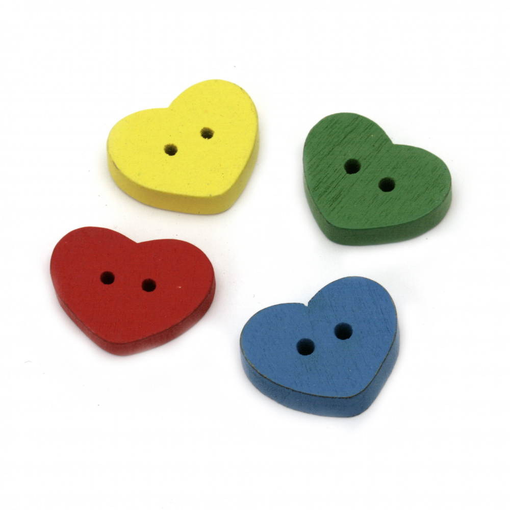 Heart wooden flat button 20x16x4 mm hole 2 mm mix - 10 pieces