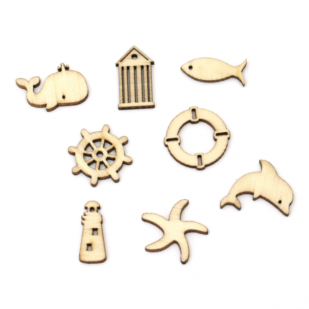 Wooden cabochons sea theme collection 10~24.5x9.5~26x2.5 mm Assorted shapes and sizes in natural wood color - 10 pieces
