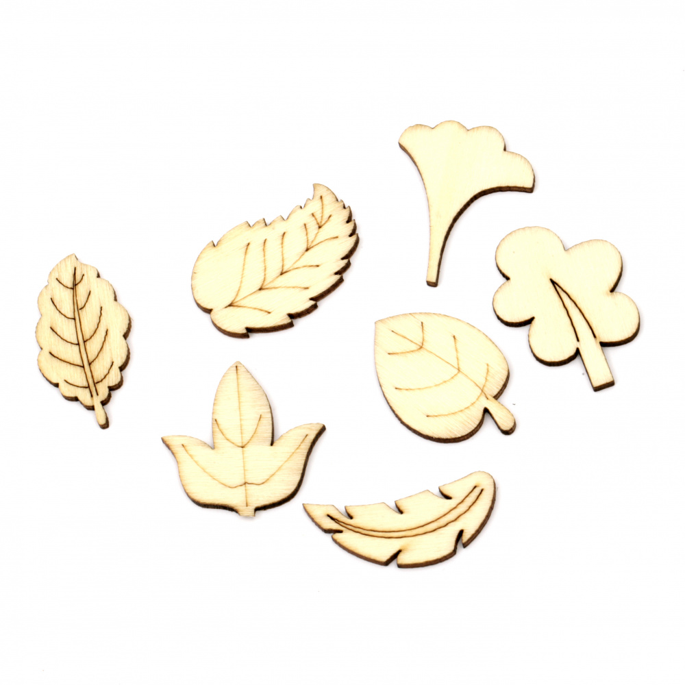 Wooden cabochons leaves 24~36x17~37x2.7 mm mixed shapes and sizes in natural wood color - 10 pieces