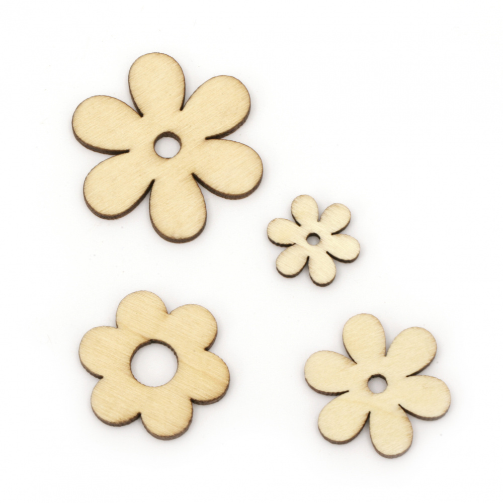 Wooden cabochons flowers 18~39x2.7 mm mixed shapes and sizes color natural wood -5 pieces