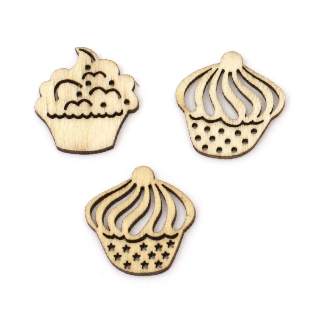 Wooden pastries cabochon type 26x23~26x2.5 mm assorted shapes and sizes, natural wood color -10 pieces