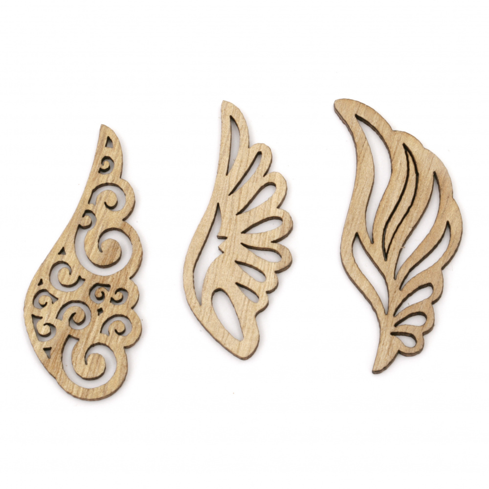 Wooden figurine wing 57~57.5x22~29.5x2 mm cabochon type assorted shapes and sizes color natural wood -5 pieces