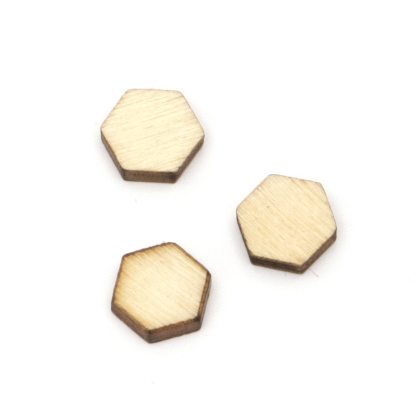 Lemn hexagonal fără gaură 8,5x9,5x2,5 mm tip cabochon culoare lemn -10 bucăți