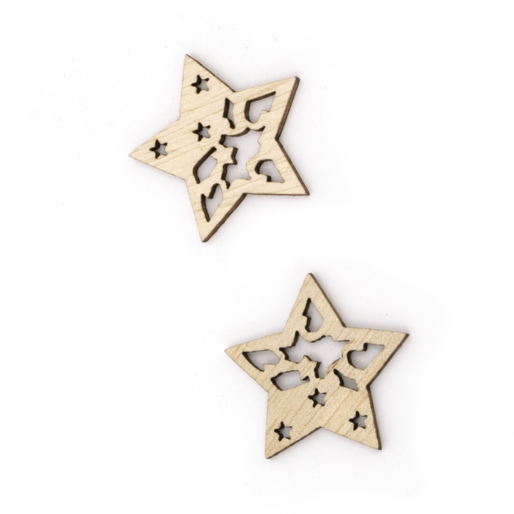 Wooden figurine in shape of a Christmas star 30x2.5 mm natural wood color -10 pieces