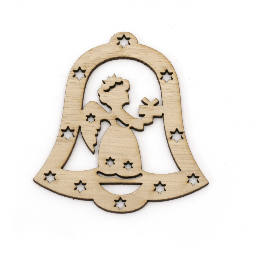 Christmas Wooden Bell Pendant  with Angel, 73x68x2 mm, Hole: 4 mm -4 pieces