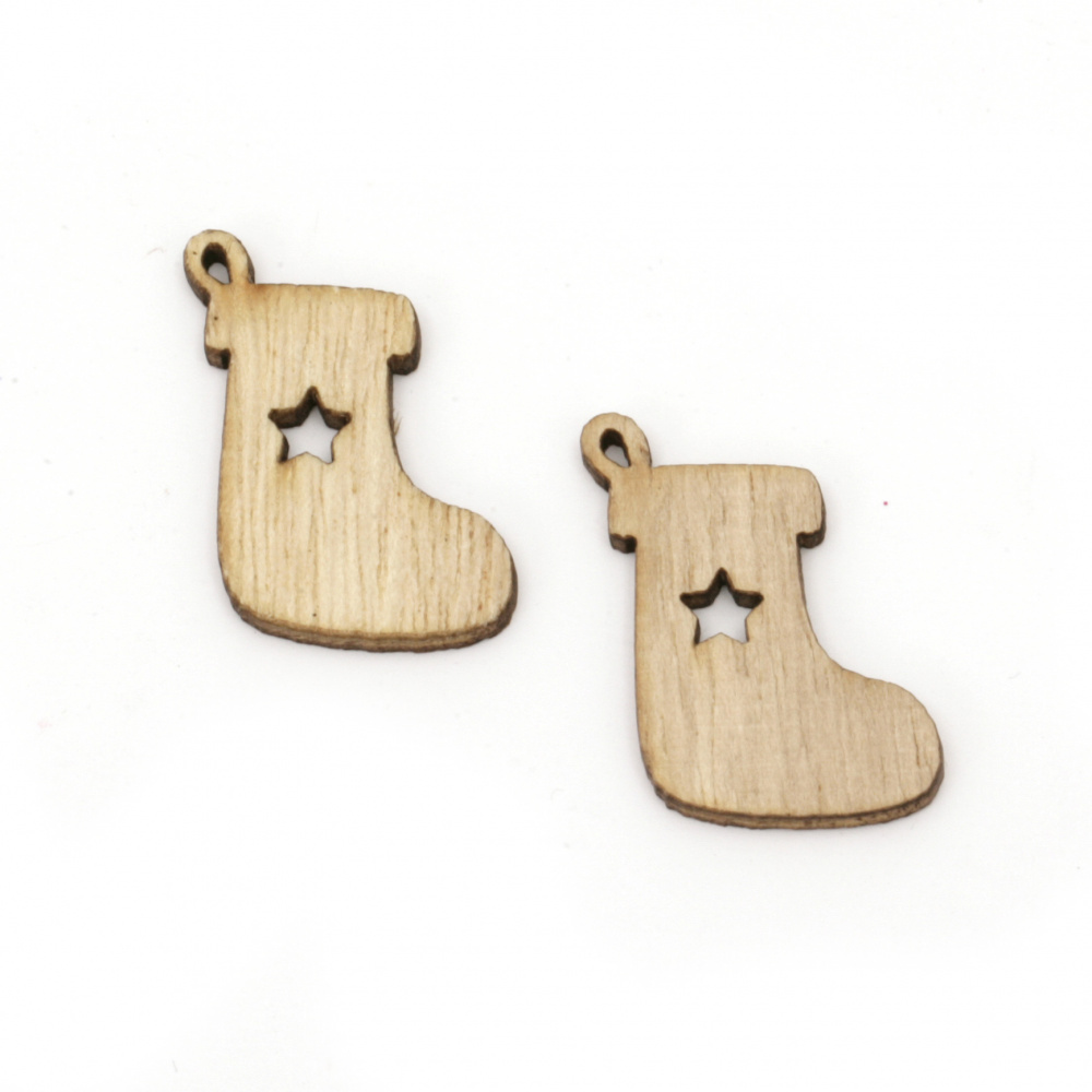 Wooden pendant Christmas sock 30x18x2.5 mm hole 1 mm natural wood color  -10 pieces