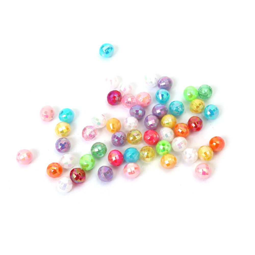 Solid Beads, Ball Shape, 6 mm, Hole 1 mm, Faceted, RAINBOW Multicolor – 20 grams, ~195 pieces