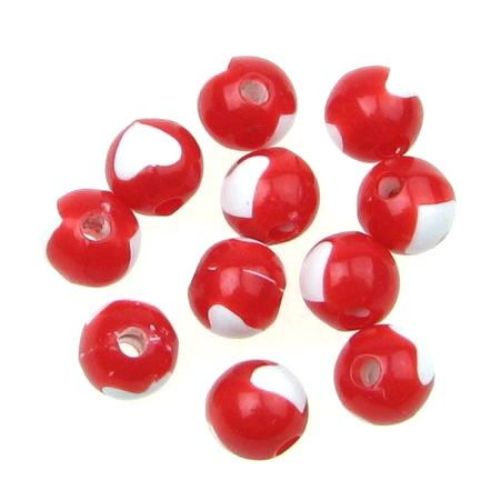 Two-color bead ball with heart 8 mm hole 2 mm white and red - 20 grams ~ 70 pieces