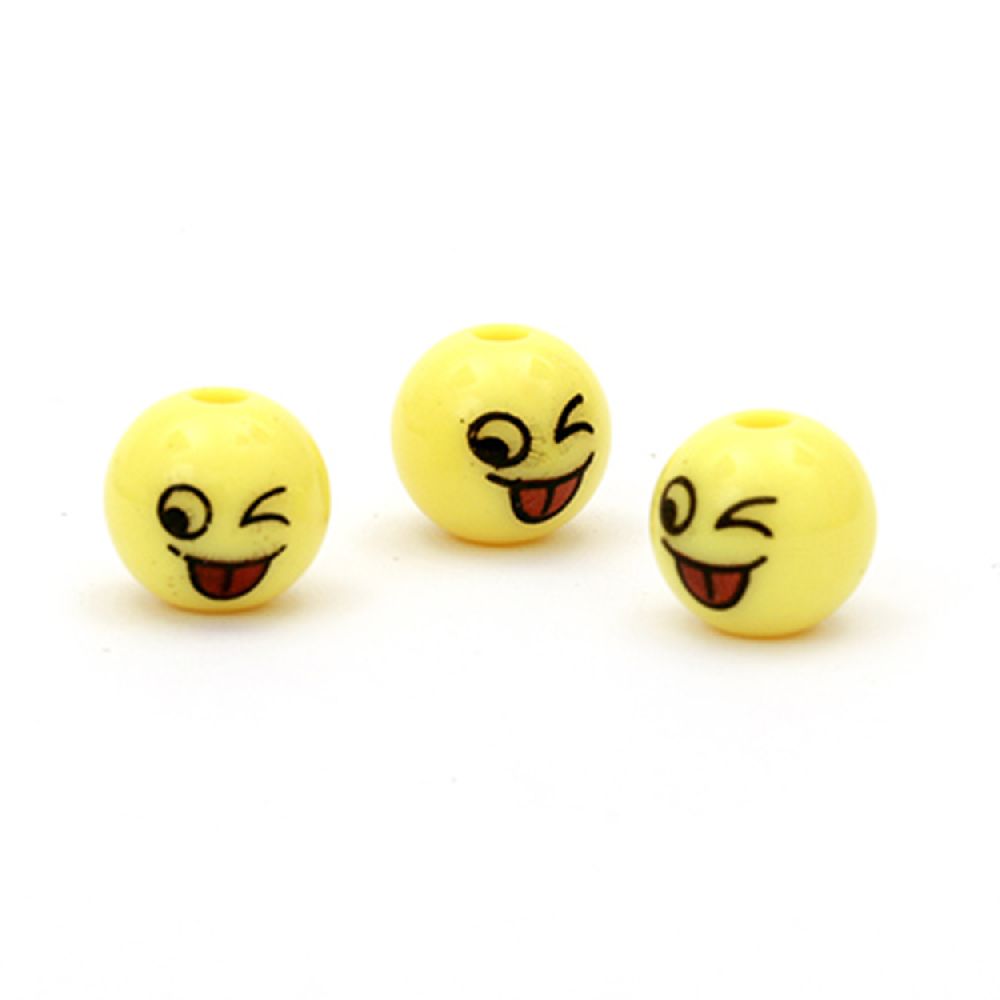Plastic Emoticon Ball / Smile, 10 mm, Hole: 2 mm, Yellow -10 pieces