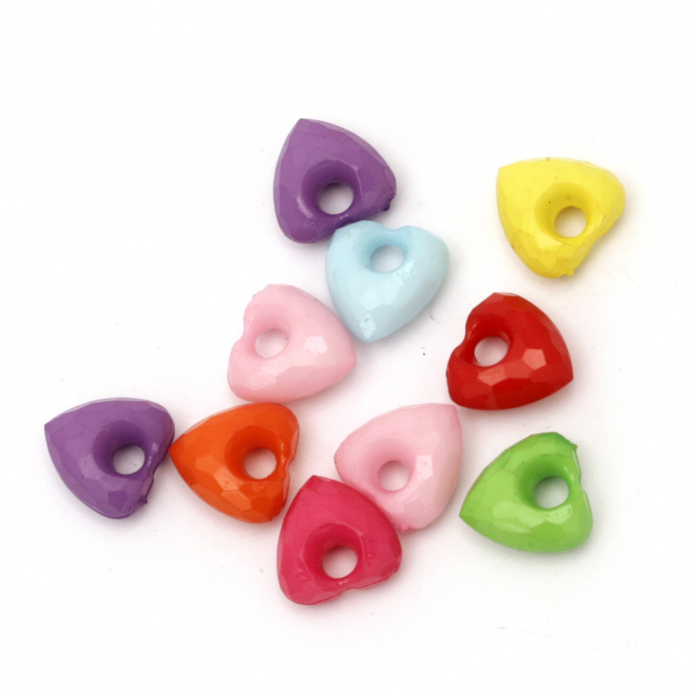 Plastic Faceted Heart Charm, 13x13x7 mm, Hole: 4 mm, MIX -50 grams ~ 90 pieces
