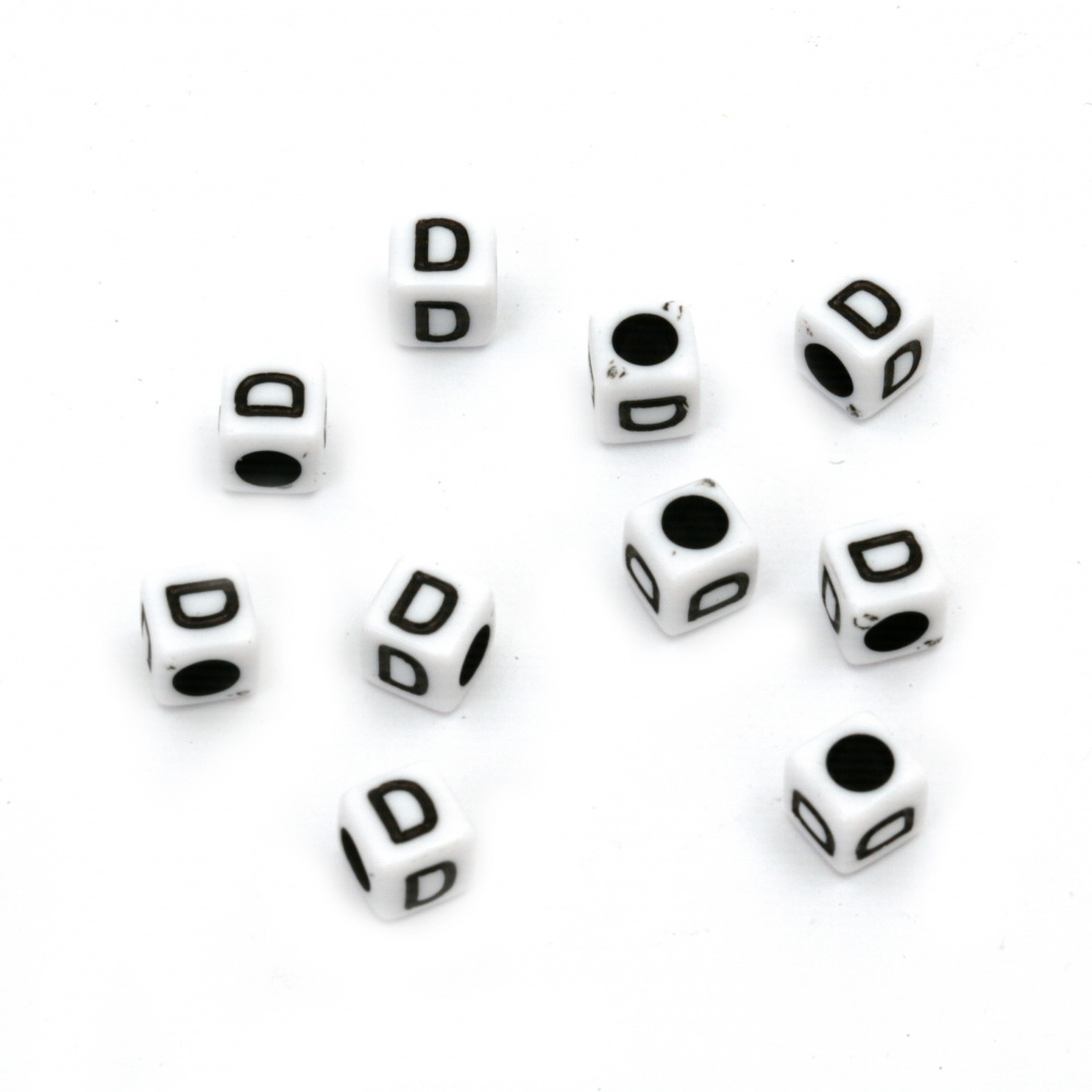Two-tone Cube Bead with Letter "D", 6 mm, Hole: 4 mm, White and Black -20 grams ~ 95 pieces