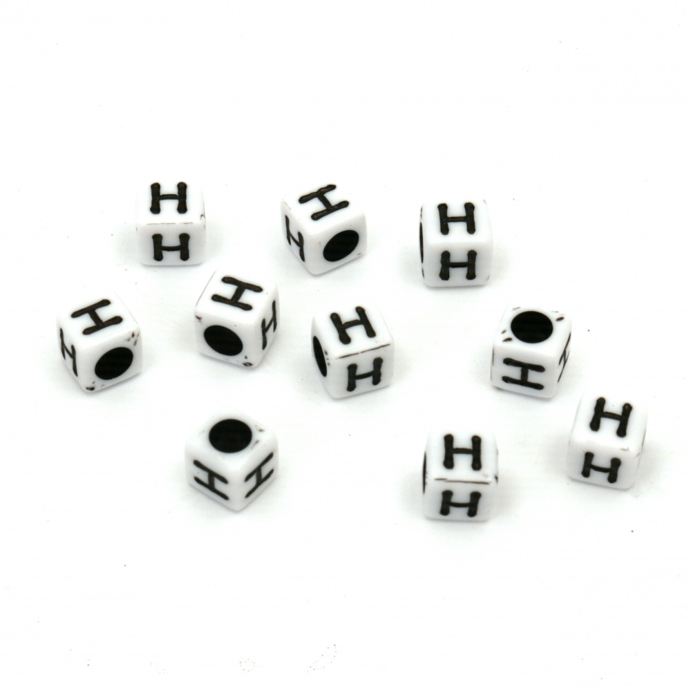 Two-tone Cube Bead with Letter "H", 6 mm, Hole: 4 mm, White and Black -20 grams ~ 95 pieces