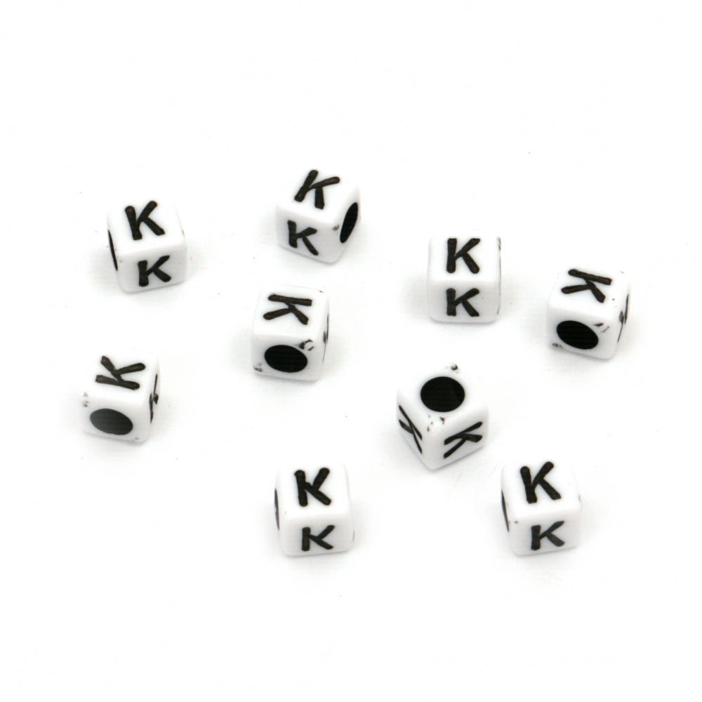 Two-tone Cube Bead with Letter "K", 6 mm, Hole: 4 mm, White and Black -20 grams ~ 95 pieces
