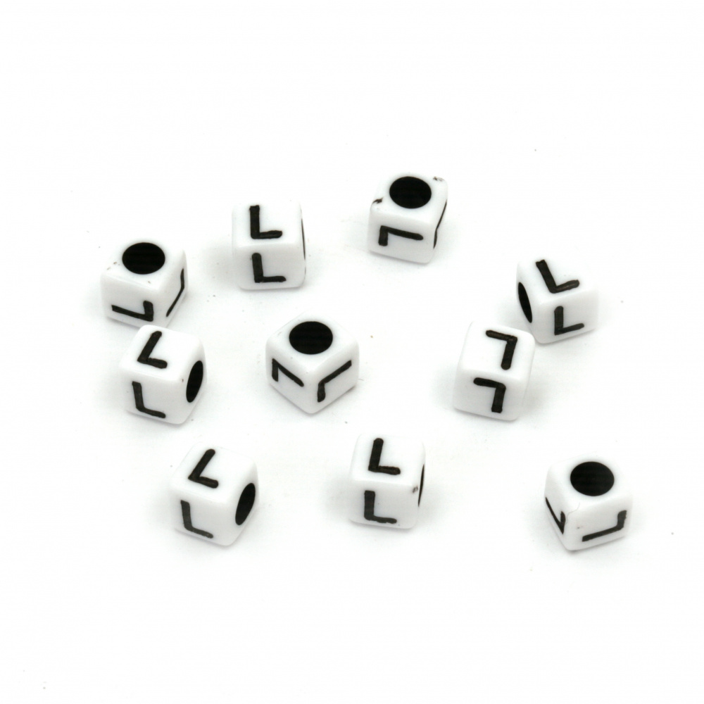 Two-tone Cube Bead with Letter "L", 6 mm, Hole: 4 mm, White and Black -20 grams ~ 95 pieces