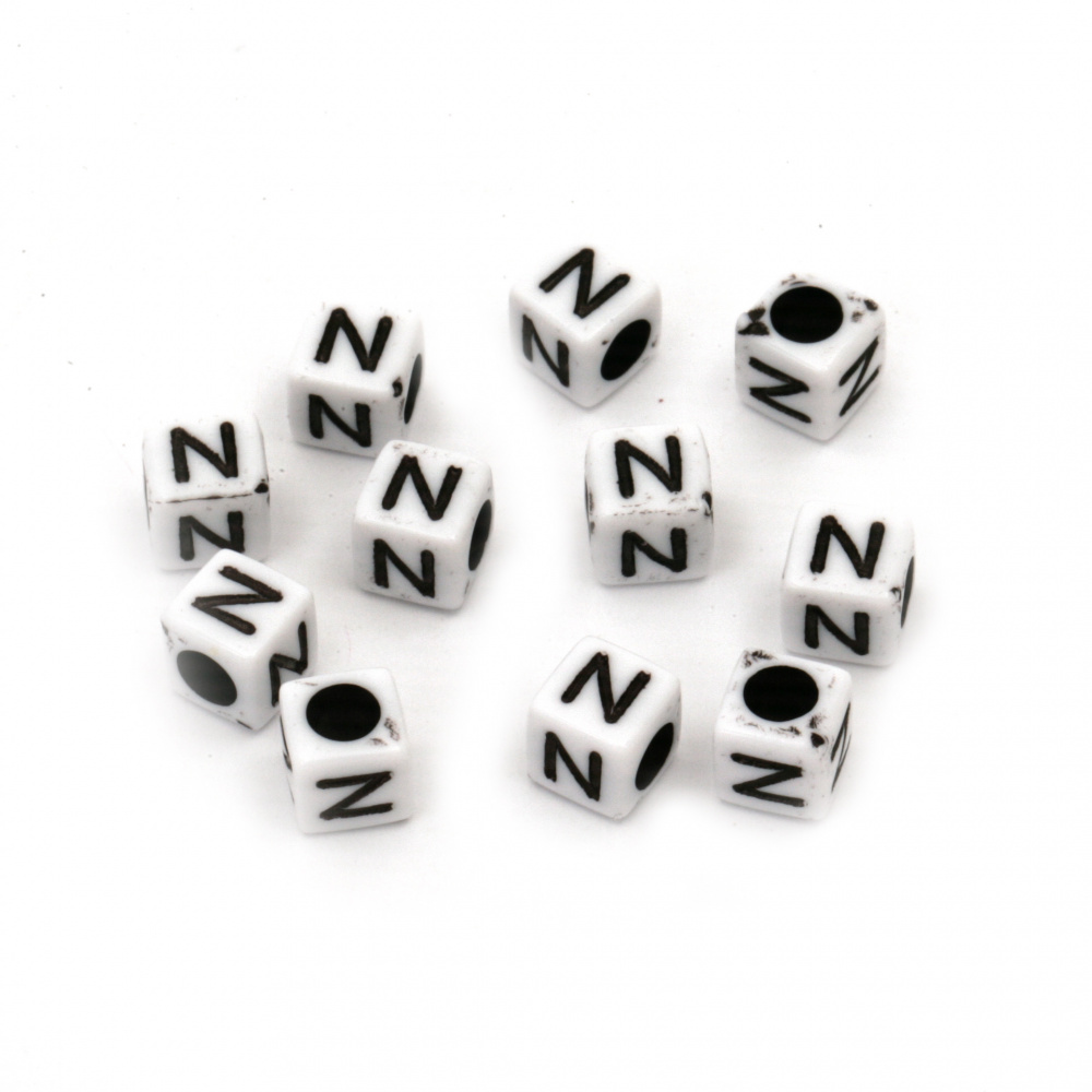 Two-color Cube Bead with letter "N", 6 mm, Hole: 4 mm, White and Black -20 grams ~ 95 pieces