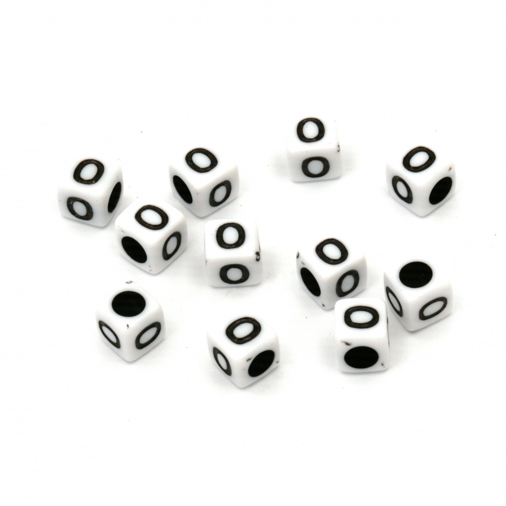 Two-color Cube Bead with Letter "O", 6 mm, Hole: 4 mm, White and Black -20 grams ~ 95 pieces