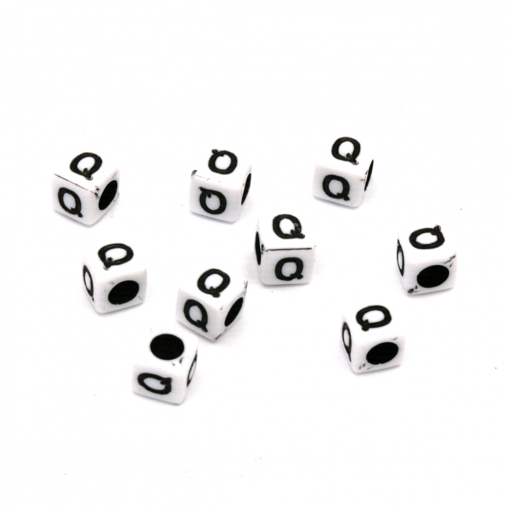 Two-color Cube Bead with Letter "Q", 6 mm, Hole: 4 mm, White and Black -20 grams ~ 95 pieces