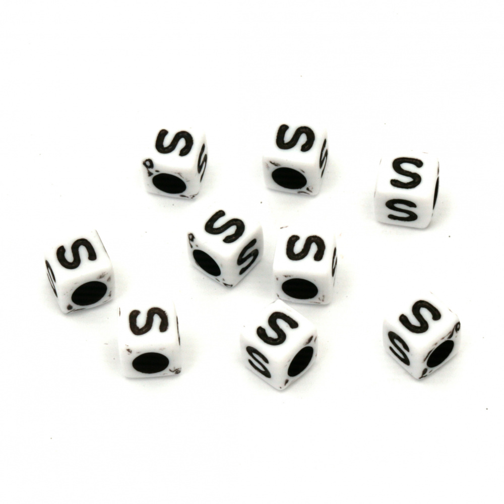 Two-color Cube Bead with Letter "S", 6 mm, Hole: 4 mm, White and Black -20 grams ~ 95 pieces