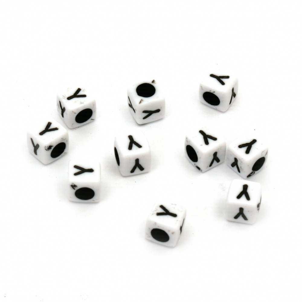 Two-tone Cube Bead with Letter "Y", 6 mm, Hole: 4 mm, White and Black -20 grams ~ 95 pieces