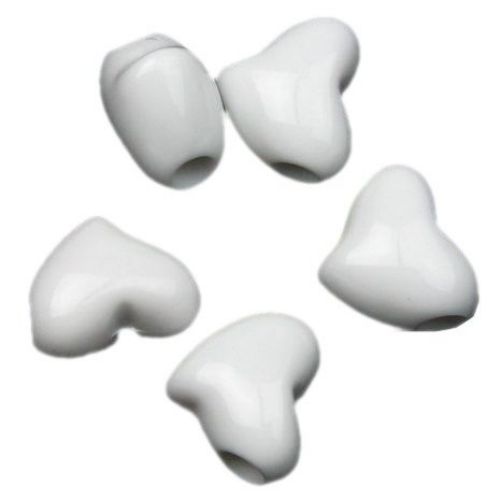 Acrylic heart solid bead for jewelry making 10x12x8 mm hole 3 mm white - 50 grams