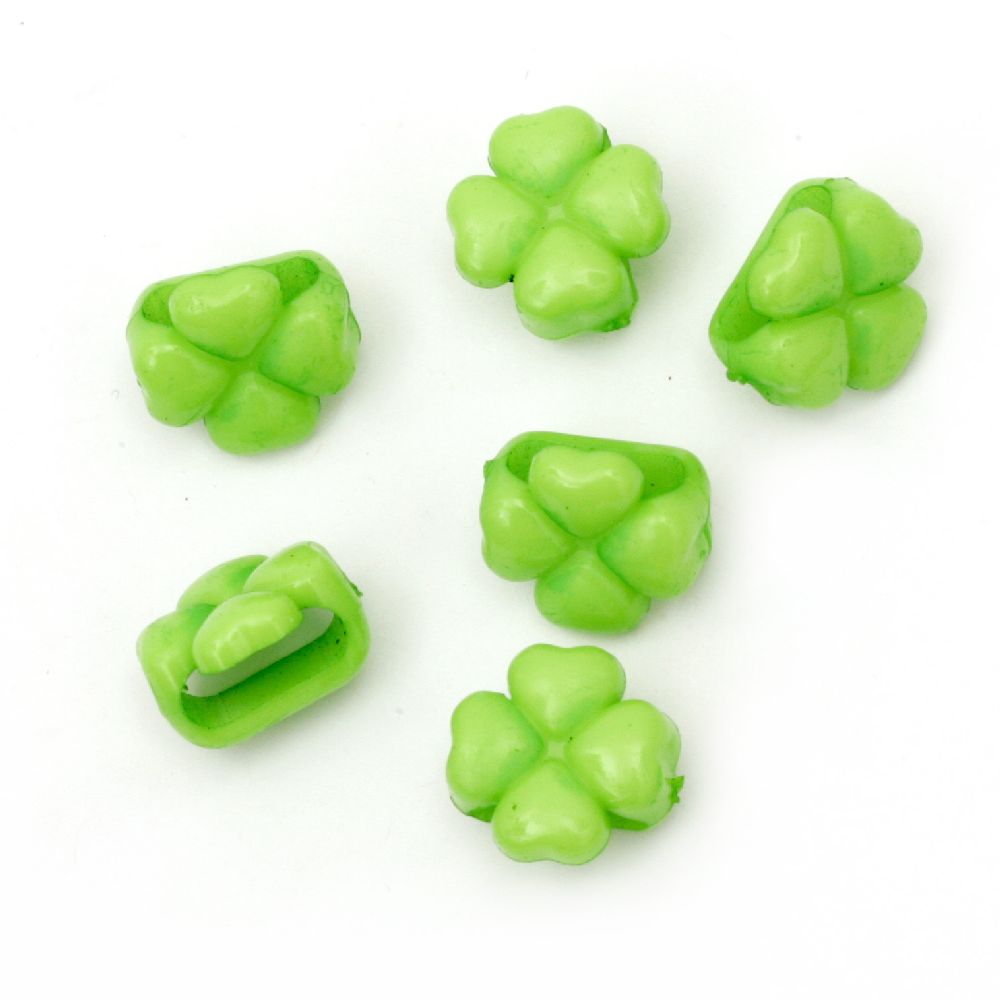 Plastic Lucky Clover Slide Bead, 14x9 mm, Hole: 11 mm, Green -50 grams ~ 75 pieces