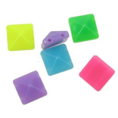 Neon Solid Plastic Pyramid Bead with two Holes for Handmade Accessories and Decoration, 15x15x8 mm, Holes: 2 mm, MIX -50 grams