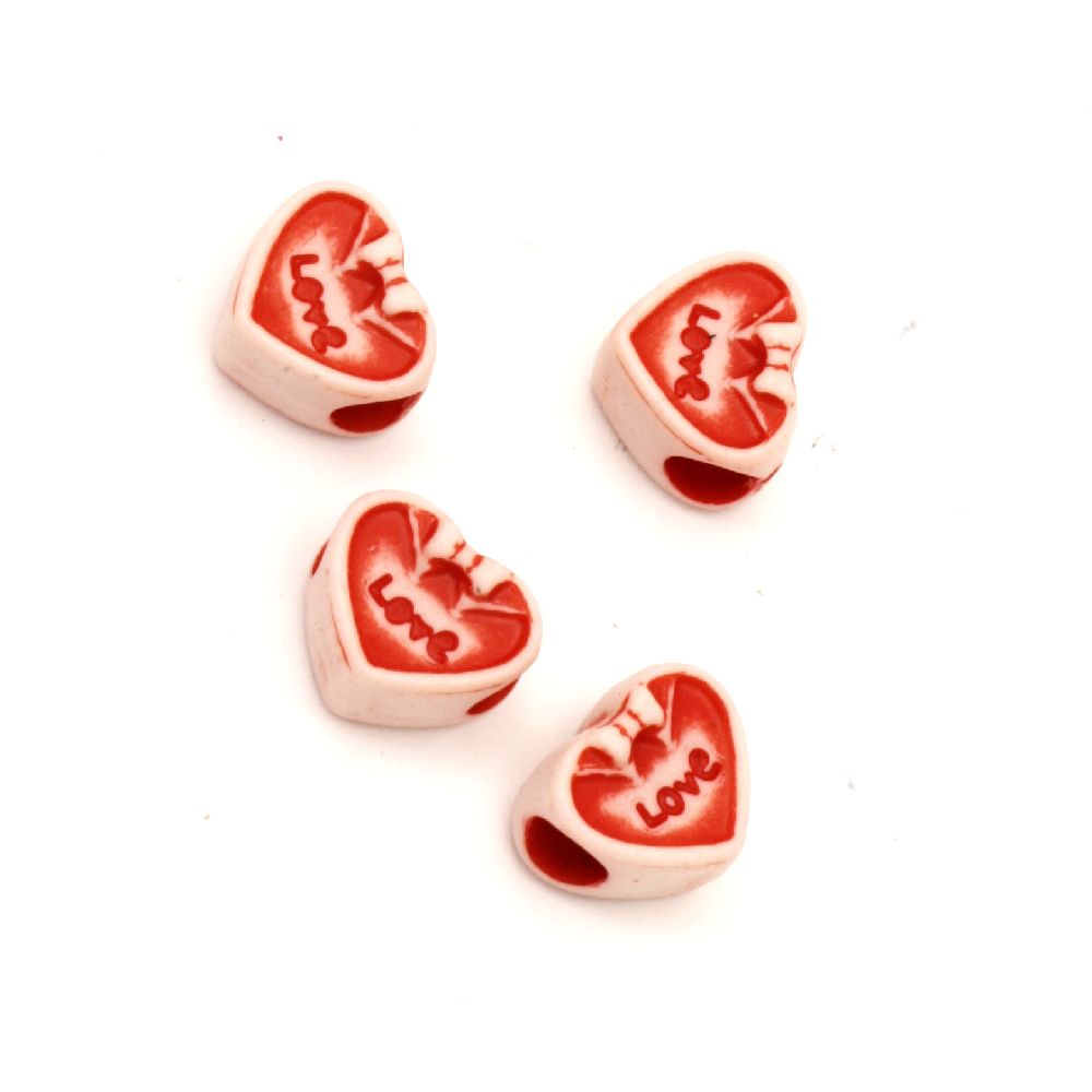 Heart bead Faded Color   12x11.5x9 mm hole 5 mm white and red - 50 grams ~ 100 pieces