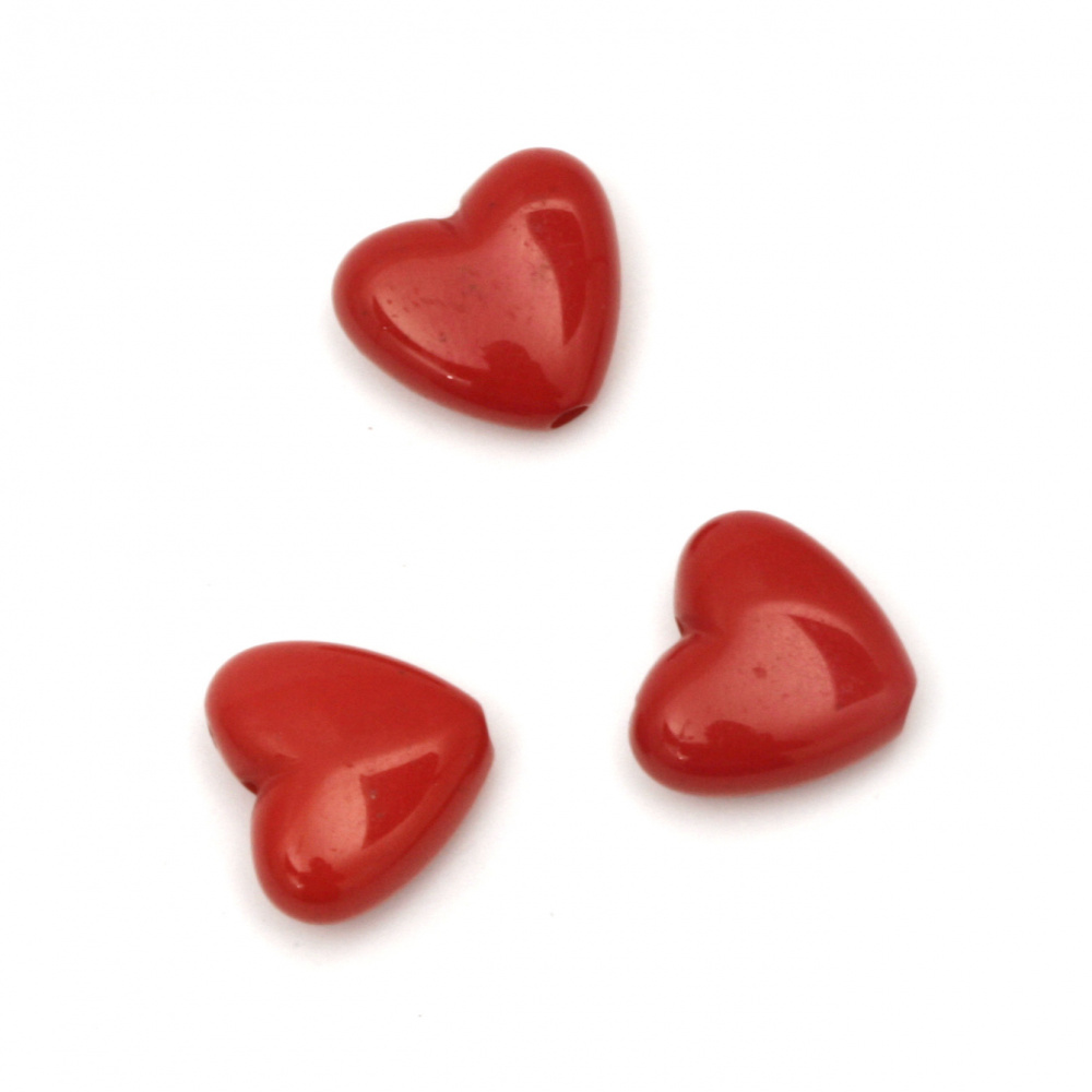 Acrylic heart solid bead for jewelry making 15x13x6.5 mm hole 1.5 mm color red - 50 grams ~ 60 pieces
