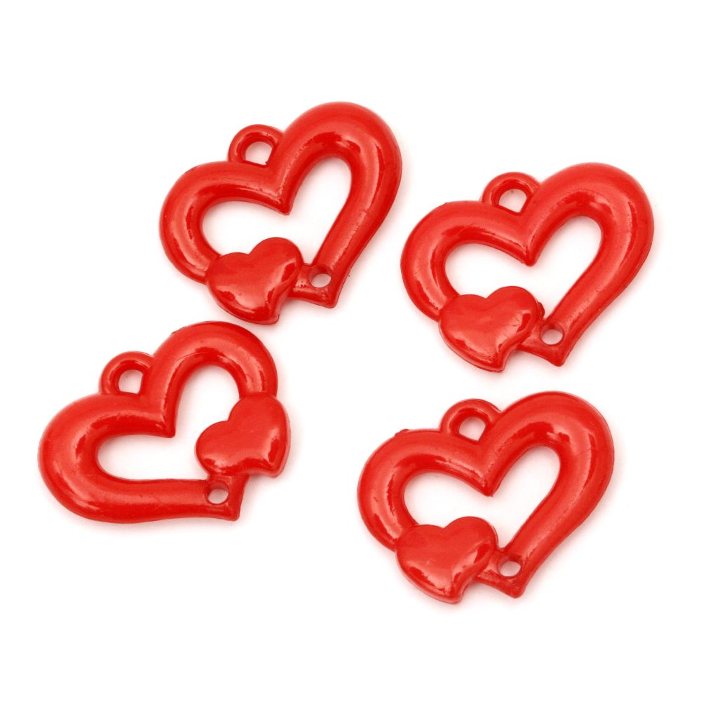 Acrylic heart pendant solid for jewelry making 25x20x4 mm two holes x 2 mm red - 50 grams ~ 52 pieces