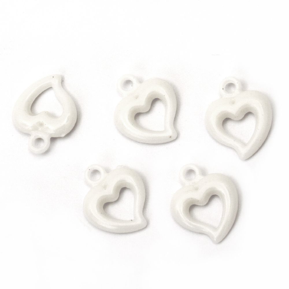 Acrylic heart pendant solid for jewelry making 19x15x4 mm hole 2.5 mm white - 50 grams ~ 130 pieces