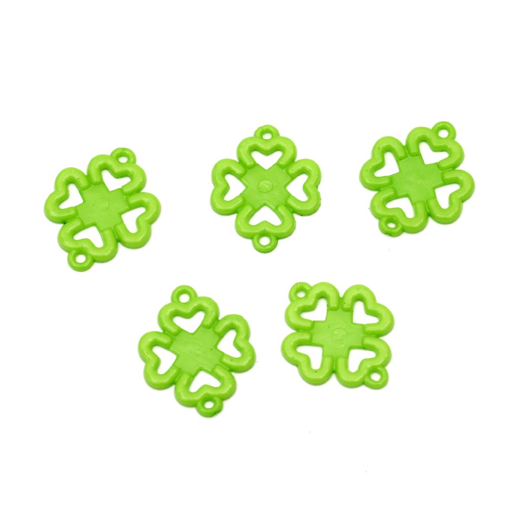 Four-leaf Clover Plastic Bead, Connecting Element, 30x23x2 mm, Two Holes: 1.5 mm, Green -50 grams ~ 70 pieces