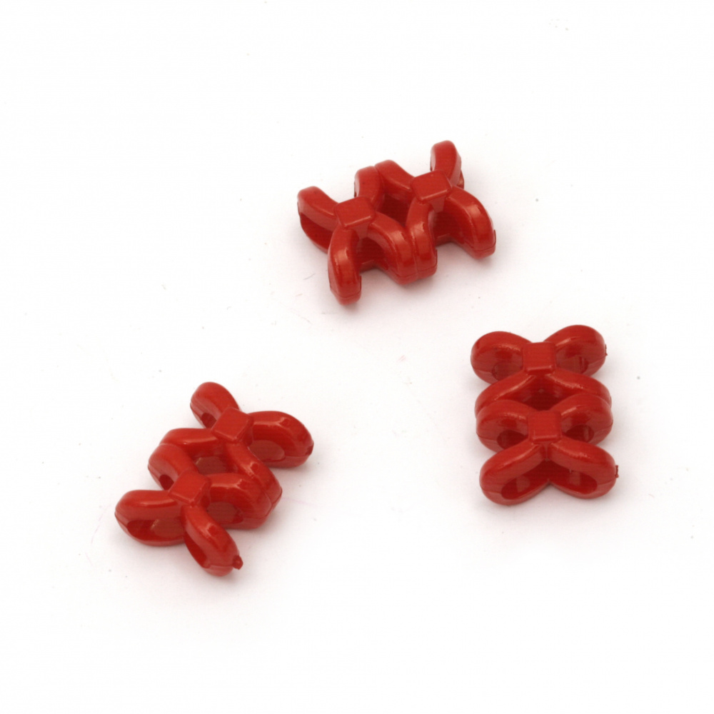 Solid Plastic Bead / Abstract Figurine, 16x12x7 mm, Two Holes: 4x8 mm, Red -50 grams ± 90 pieces