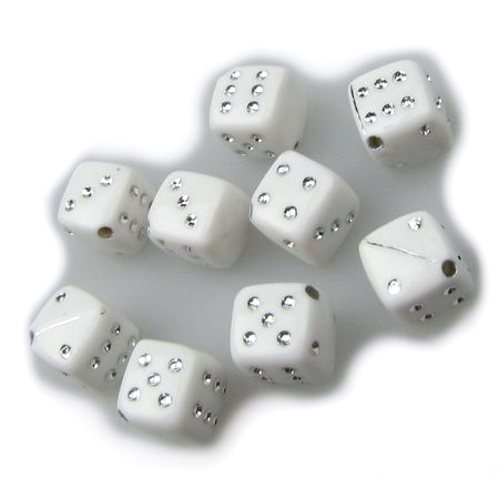 Plastic opaque Dice bead 8.5 mm hole 1 mm with imitation of crystals, white - 20 grams ~40 pieces