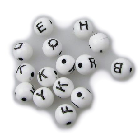 Мънисто двуцветно топче с букви 8 мм дупка 2 мм бяло -20 грама ~73 броя