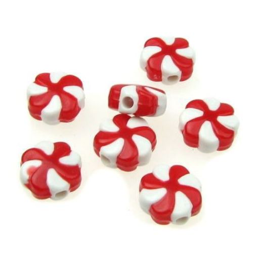 Two-color flower bead 12x6 mm hole 1.5 mm white and red - 20 grams - 40 pieces