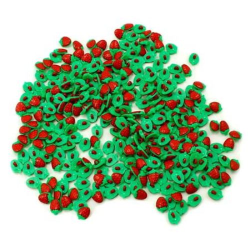 Button plastic strawberry 15 mm hole 3 mm green and red -10 pieces