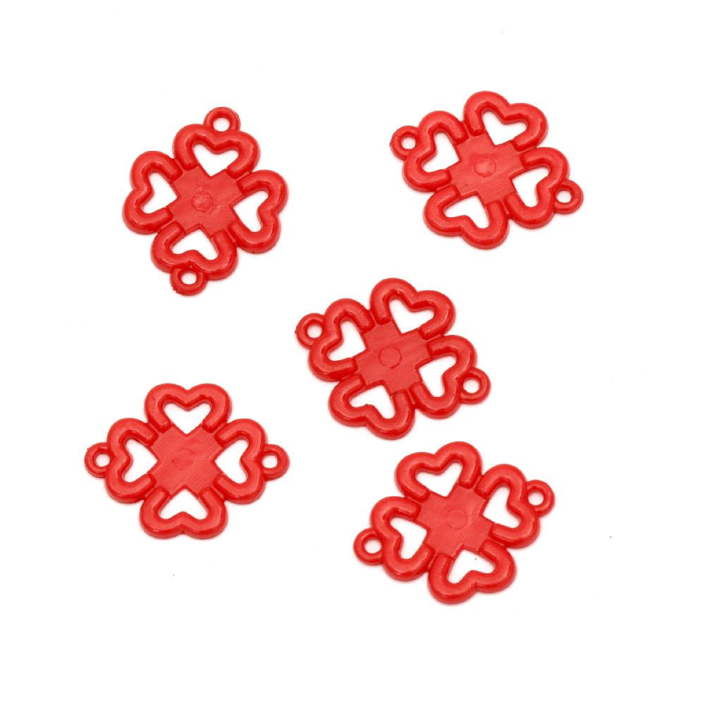 Solid Plastic Clover Bead / Connecting Element, 30x23x2 mm, Holes: 1.5 mm, Red -50 grams ~ 70 pieces